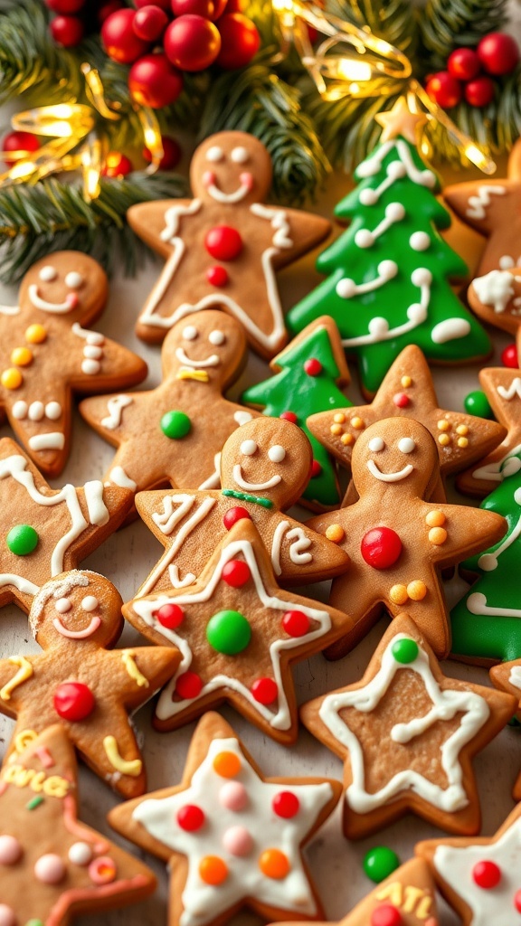 Decorated gingerbread cookies in festive shapes on a holiday-themed table.